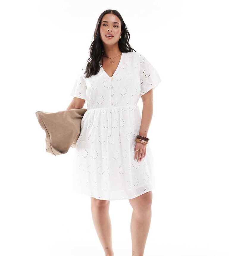 New Look Curve broderie smock mini dress in white