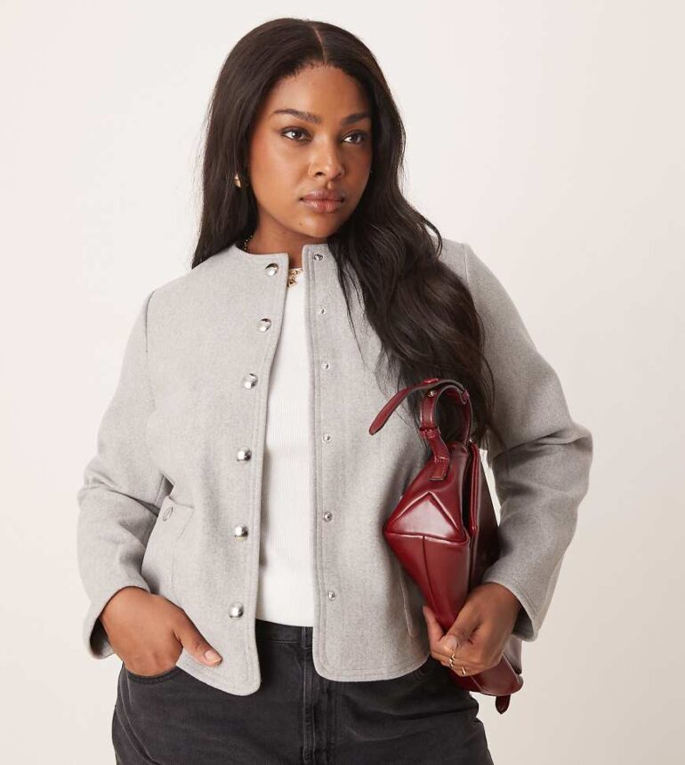 New Look Curve collarless button down jacket in grey