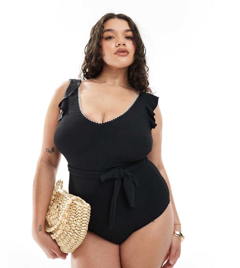 New Look Curve frill sleeve swimsuit in black