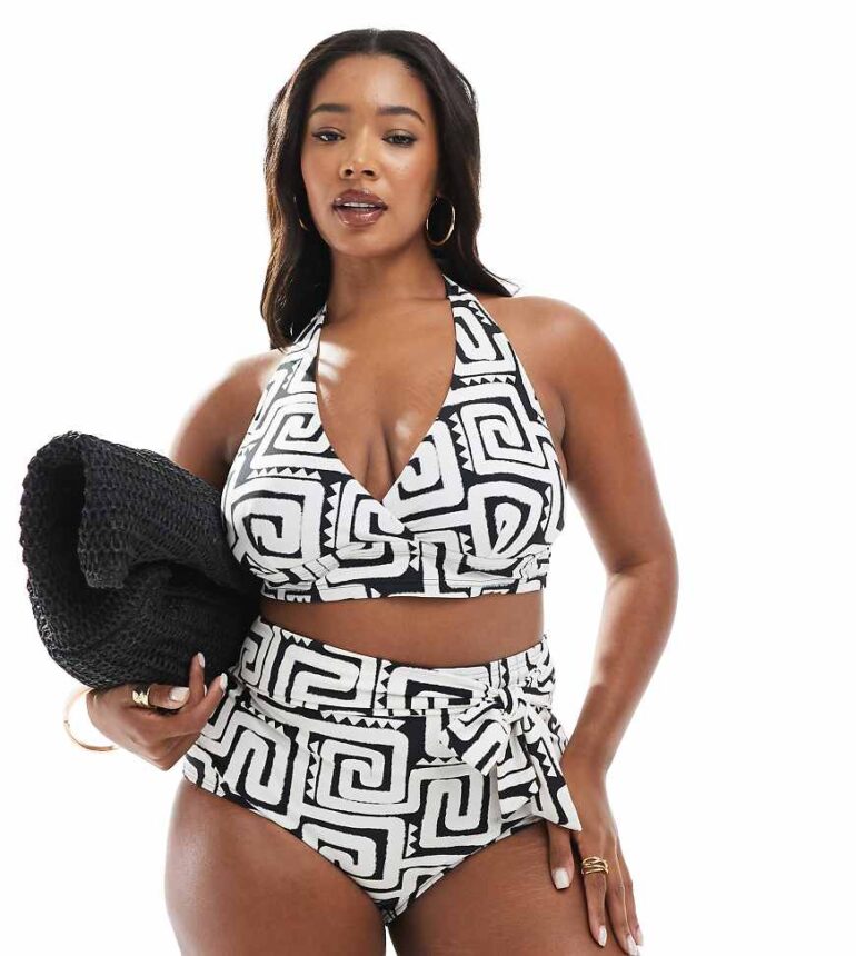New Look Curve high waist tie detail bikini bottoms in black swirl pattern