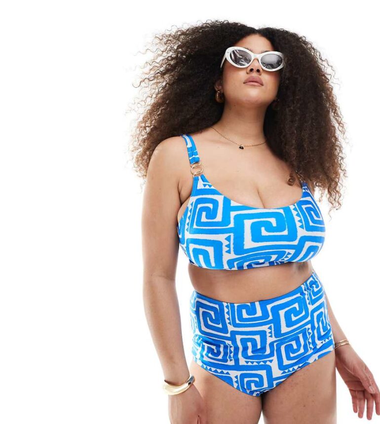 New Look Curve high waisted bikini bottoms in blue swirl pattern