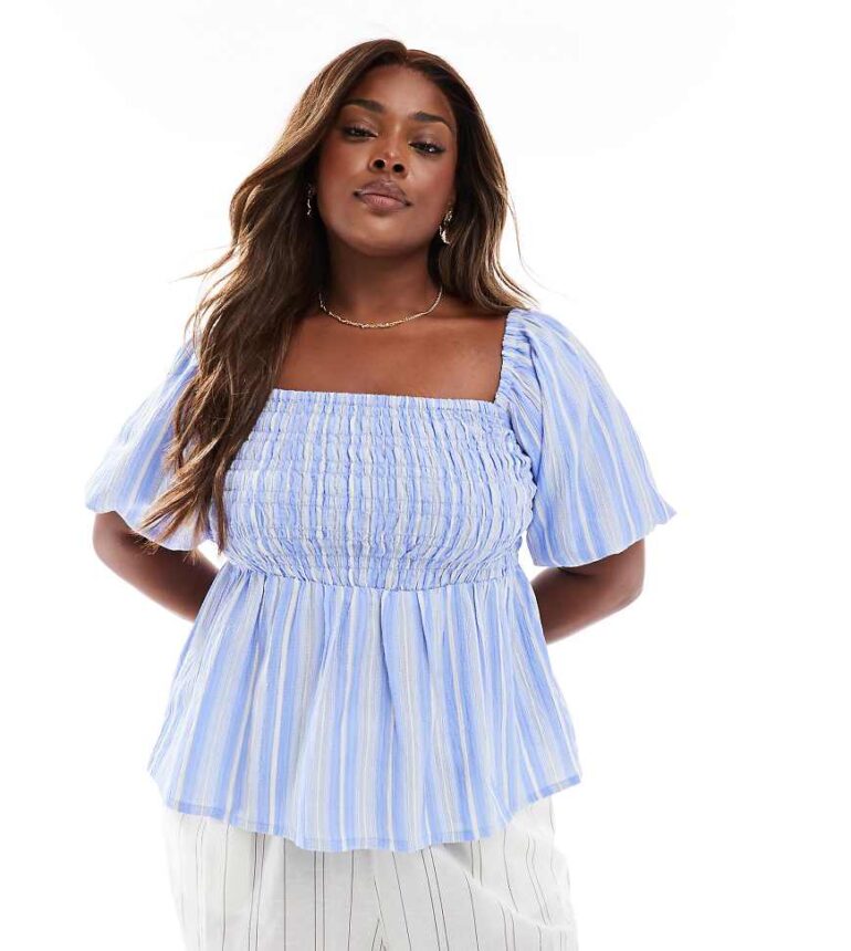 New Look Curve stripe square neck top in blue