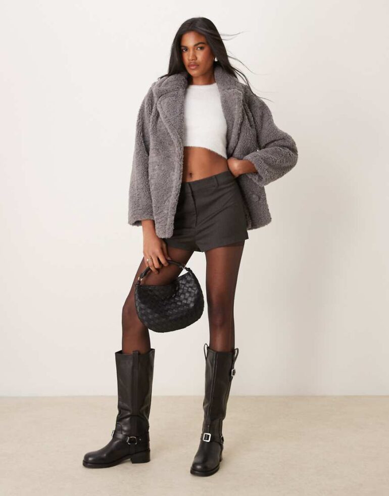 New Look short borg coat in grey