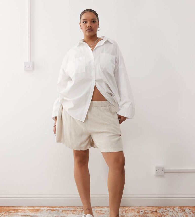Noisy May Curve linen mix short in oatmeal-Neutral