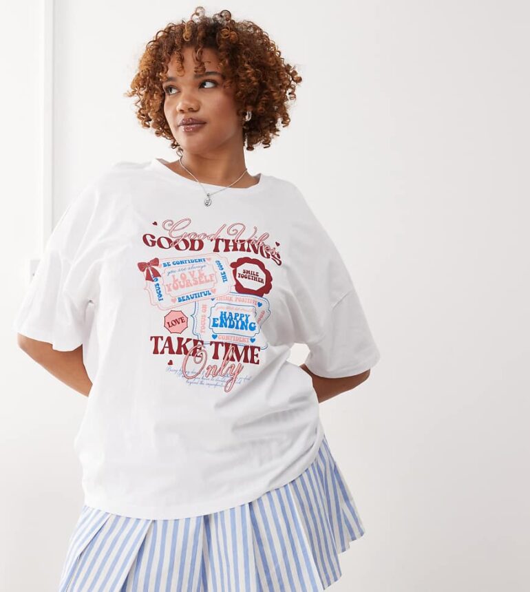 Noisy May Curve oversize t-shirt with good things print in white