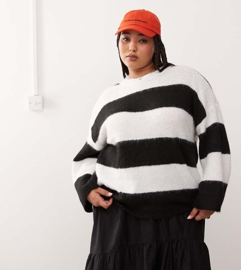 Noisy May Curve oversize texture jumper in mono stripe-Black