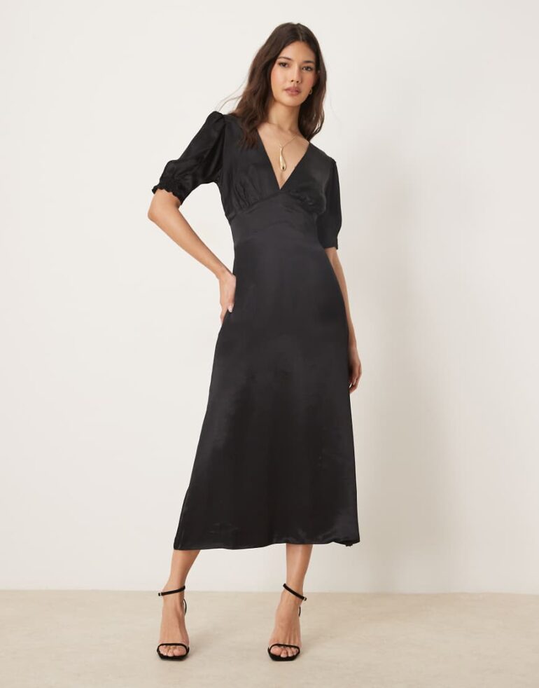 OMNES Odette Satin Midi Dress in black