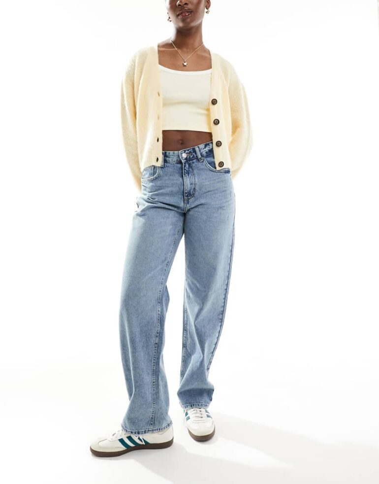 ONLY Ella mid waist straight fit jeans in mid blue