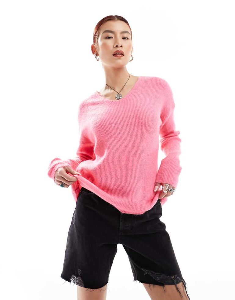 ONLY v neck slouchy jumper in pink melange
