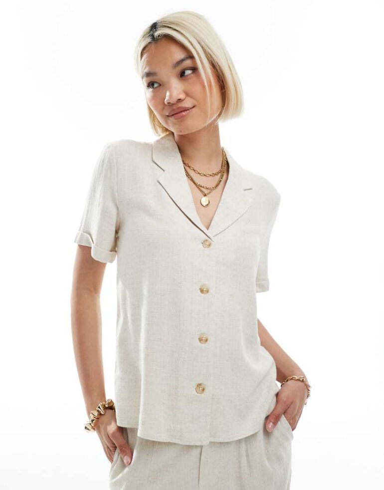 Object linen touch shirt co-ord in cream-White