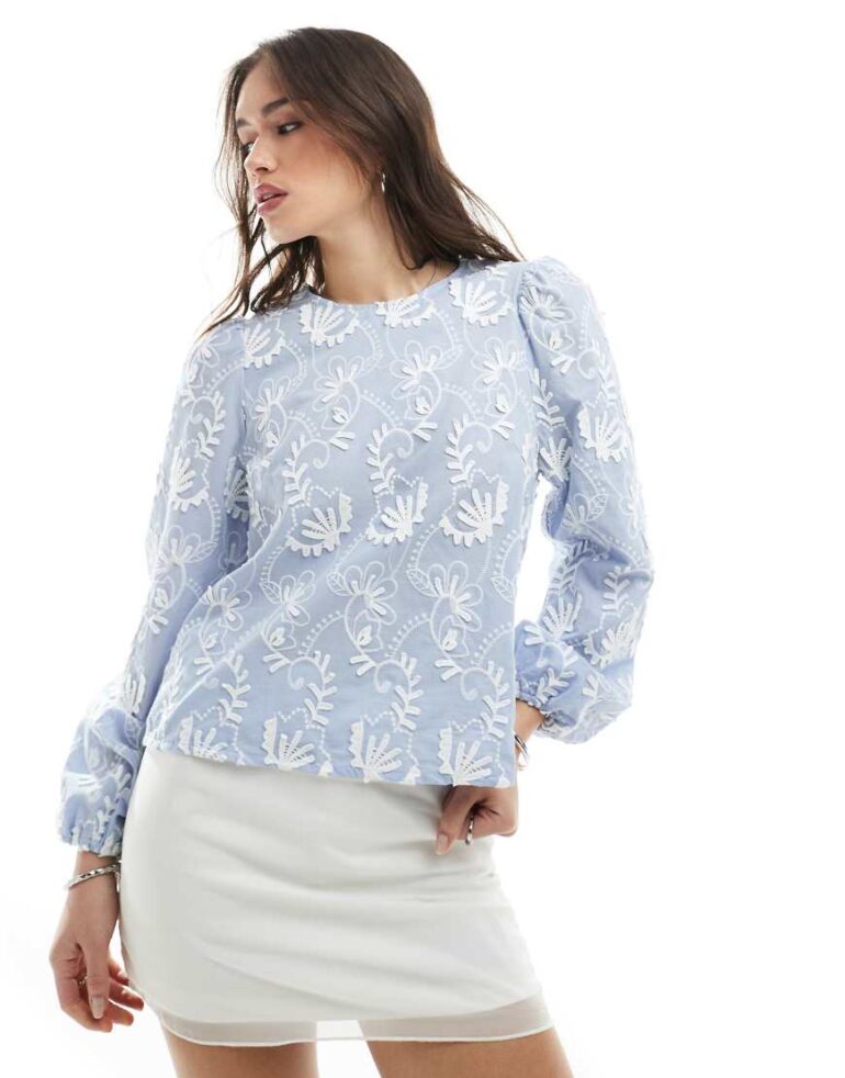 Object long sleeve top with applique in pale blue