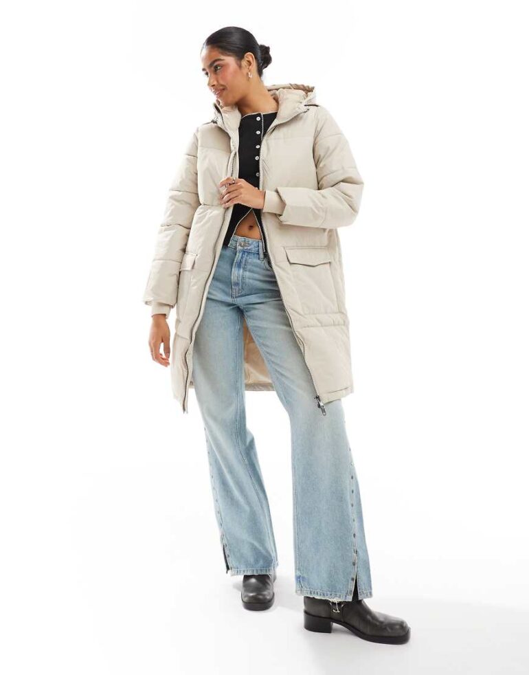 Object longline hooded puffer jacket in silver grey-White