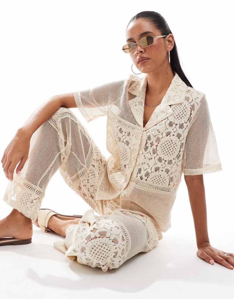 Object patched crochet shirt co-ord in cream-White