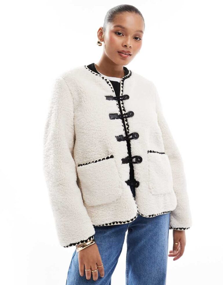 Object teddy fleece contrast trim jacket in cream-White