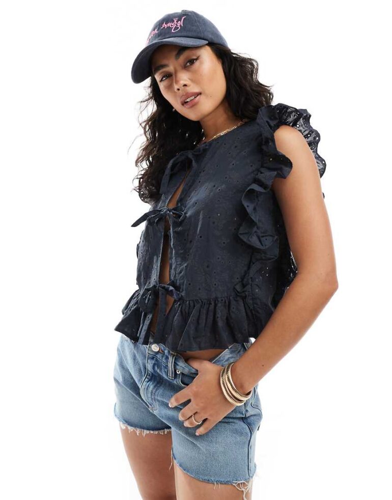 Object tie front frill blouse in navy