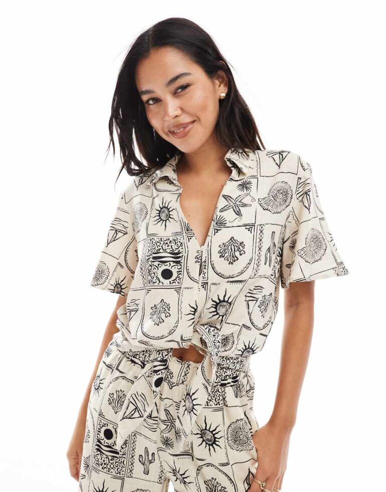 Object tie front shirt co-ord in mono shell print-White