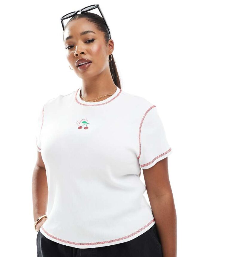 Pieces Curve baby tee with embroidered cherry graphic in white