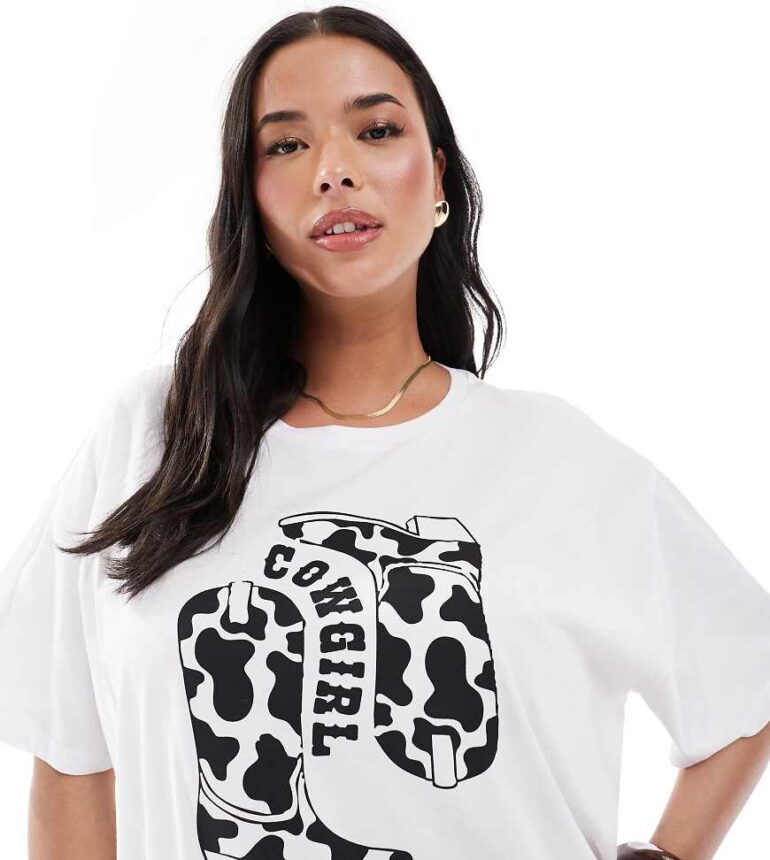 Pieces Curve oversized t-shirt with cowgirl graphic in white