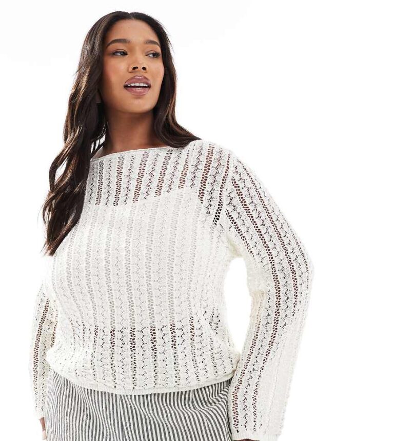 Pieces Curve self stripe crochet knit cropped top in cloud white