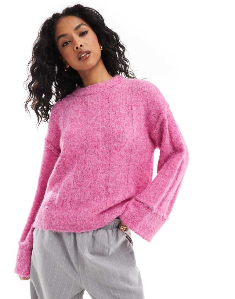 Pieces ribbed knit jumper with wide sleeves in pink melange