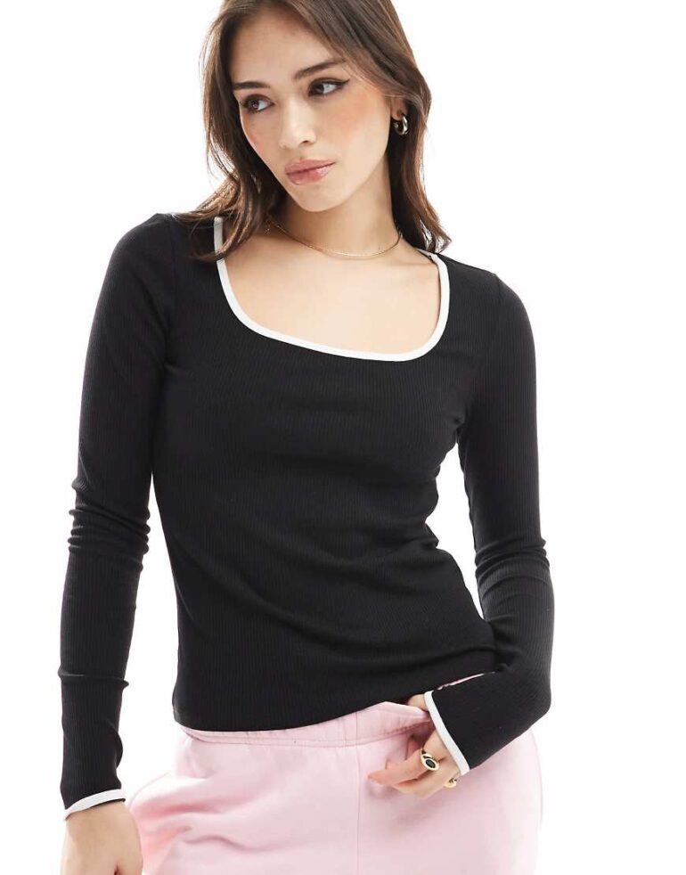 Pimkie contrast trim square neck top in black and white