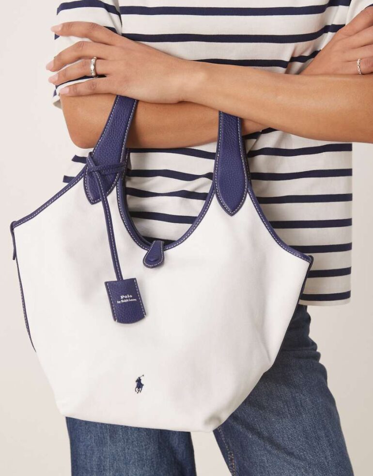 Polo Ralph Lauren Play canvas leather medium tote bag in paper/ink-White