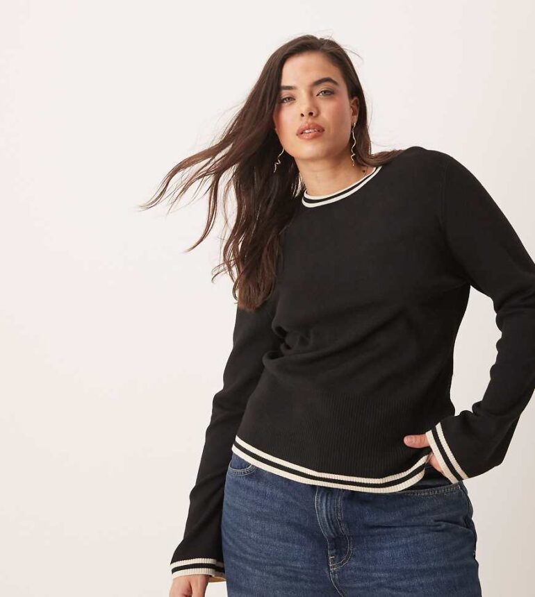 Pretty Lavish Curve contrast knit long sleeve top in black and white