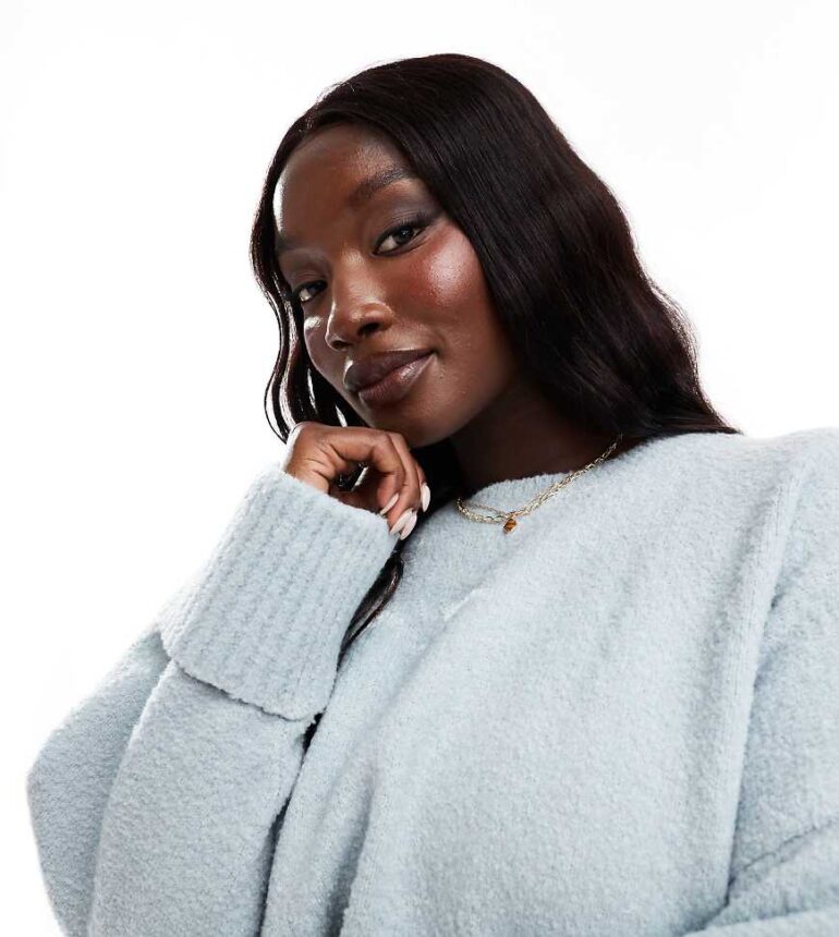 Pretty Lavish Curve oversized borg knit jumper in dusty blue