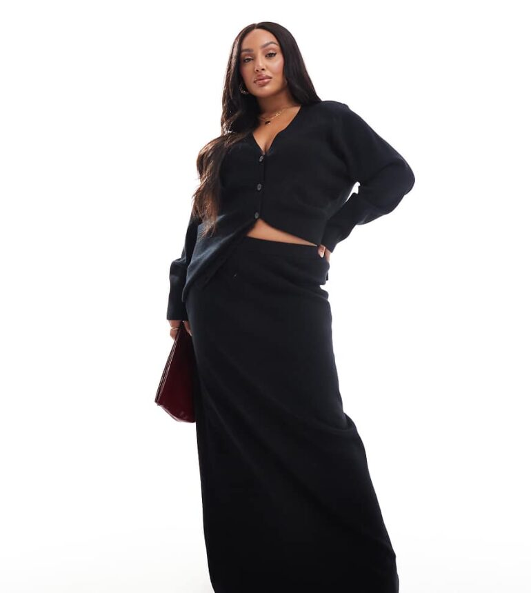 Pretty Lavish Curve rib knit maxi skirt co-ord in black