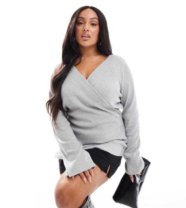 Pretty Lavish Curve wrap knit top in grey