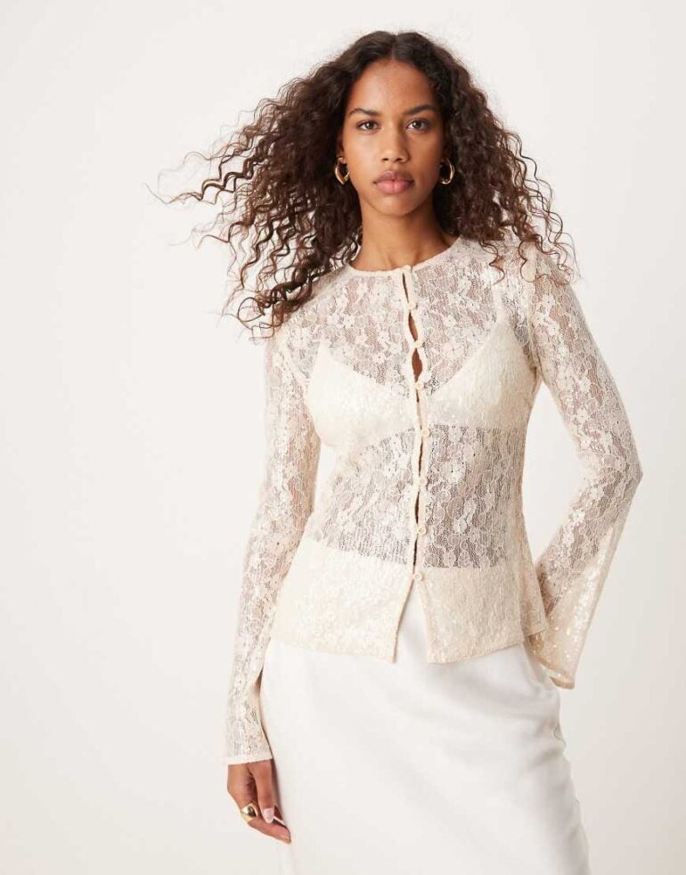 Pretty Lavish sequin lace cardigan in oyster-Neutral