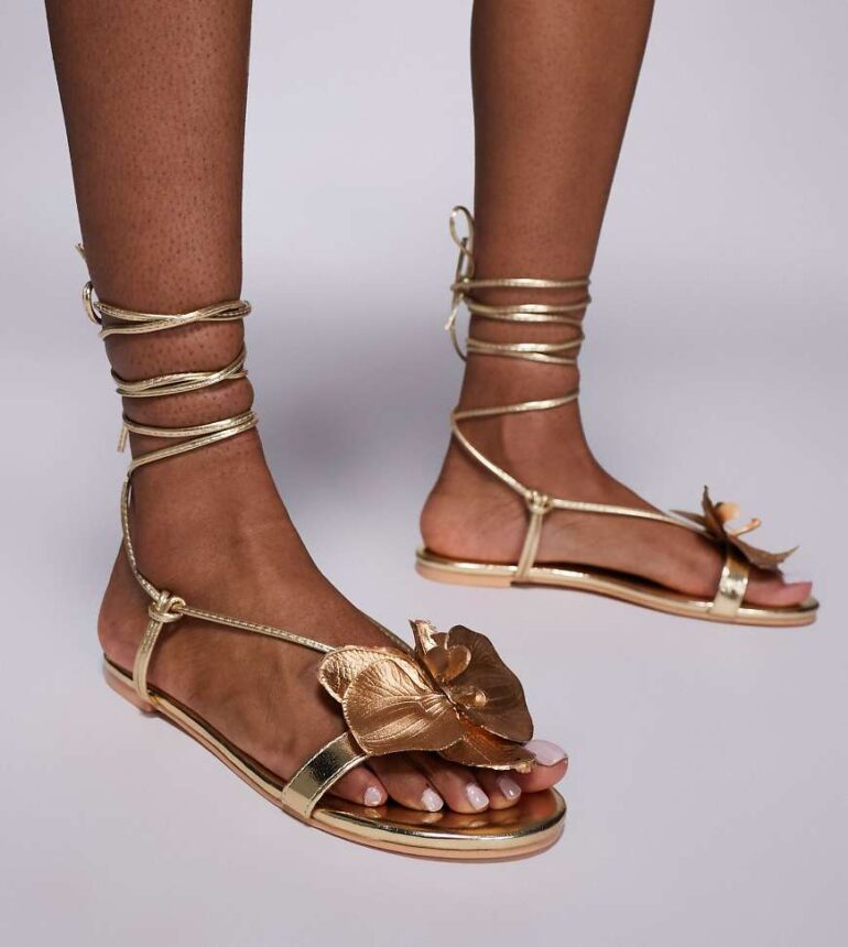 Public Desire Magnolia Wide Fit 3D floral flat sandals in gold