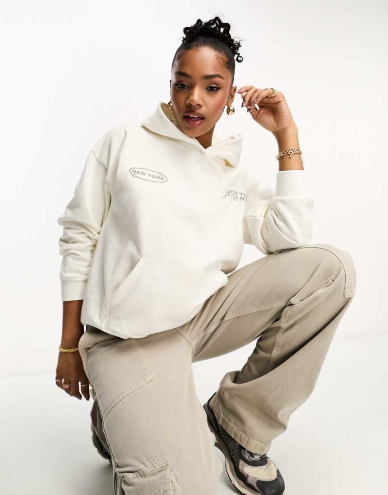 Pull & Bear New York city back print oversized hoodie in beige-Neutral