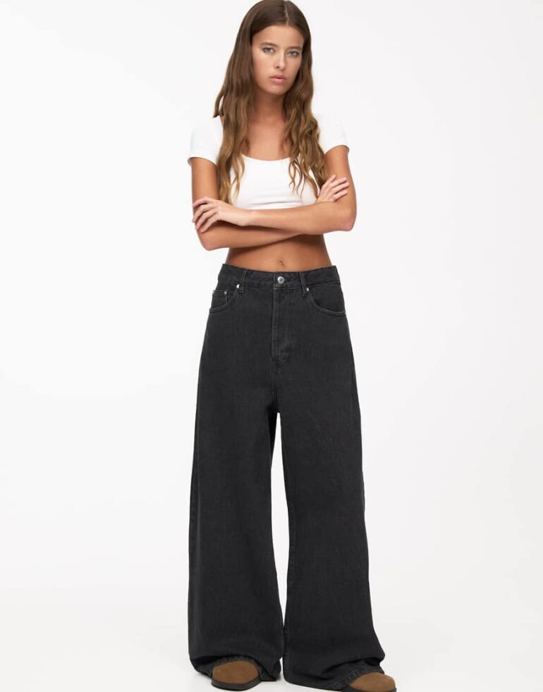 Pull & Bear baggy oversized wide leg jean in black