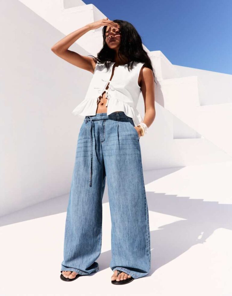 Pull & Bear drawstring waist wide leg jean in blue