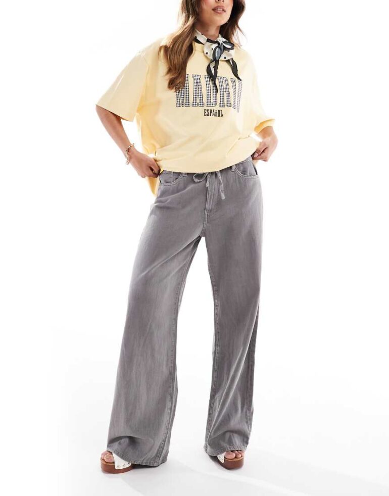 Pull & Bear drawstring waist wide leg jeans in grey