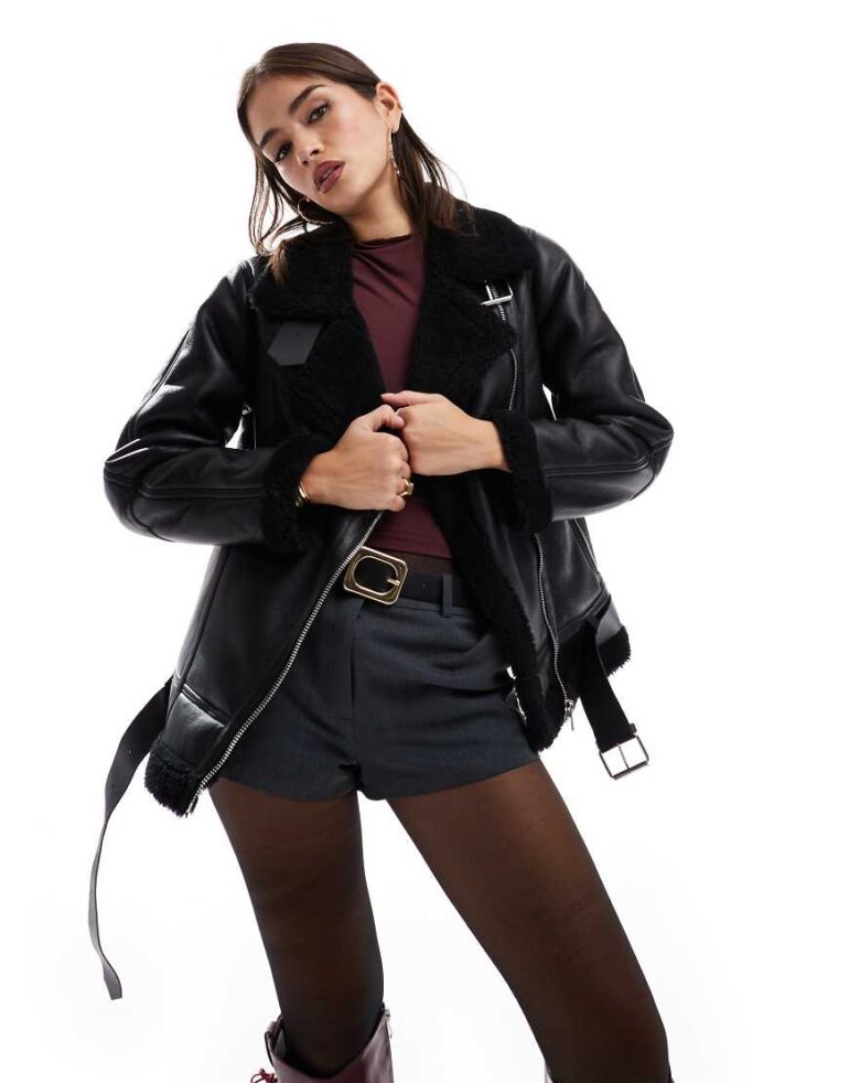 Pull & Bear faux leather oversized aviator jacket in black