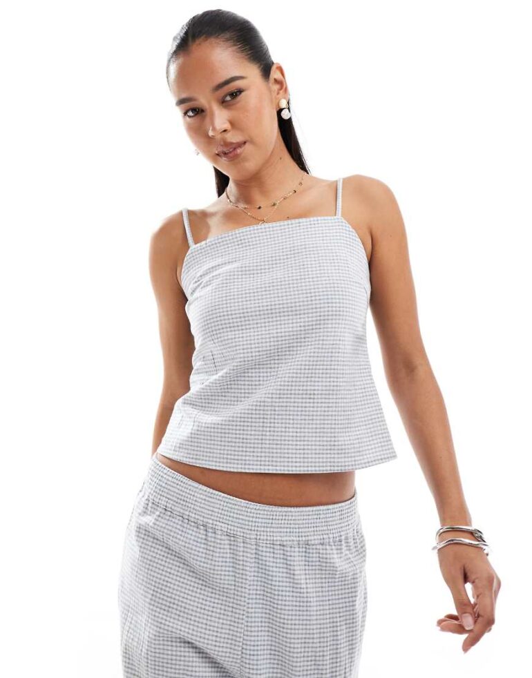 Pull & Bear gingham ruche side top co-ord in grey & white