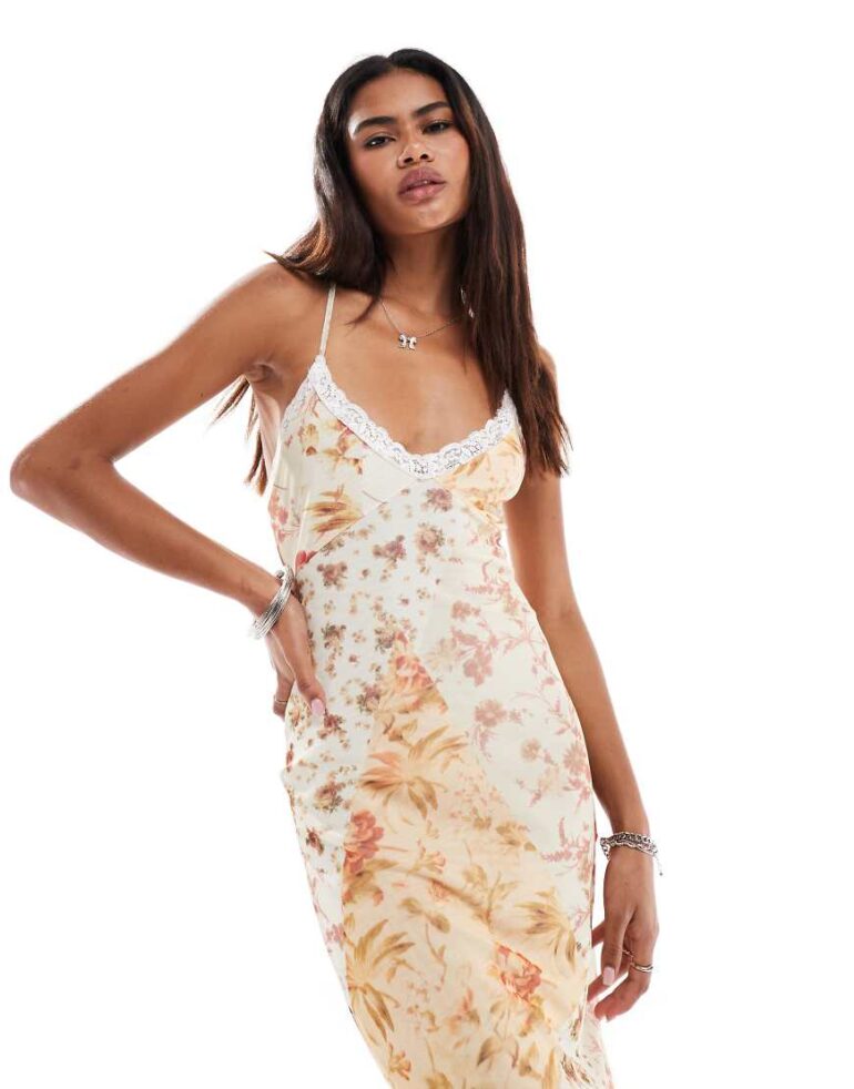 Reclaimed Vintage midi dress with cross strap back in patchwork floral print-Multi