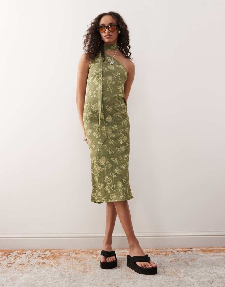 Reclaimed Vintage one shoulder midi dress with scarf detail in green print-Multi