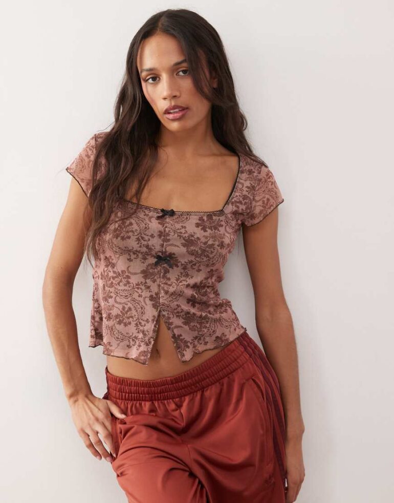 Reclaimed Vintage square neck mesh top in paisley print-Pink