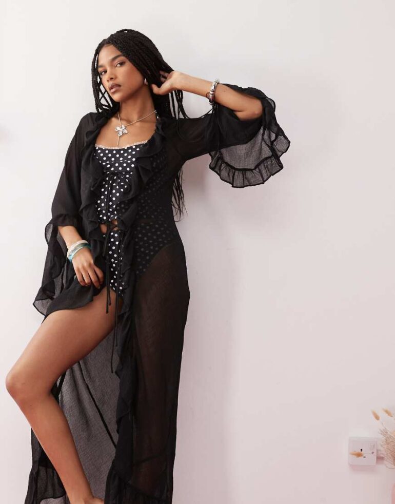 Reclaimed Vintage tie front sheer beach cover up with ruffles in black