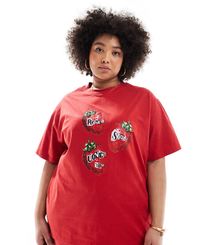 Renee Studio Plus exclusive T-shirt with strawberry logo graphic in red