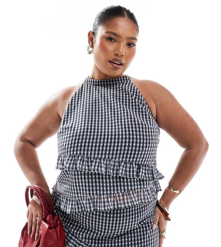 Renee Studio Plus exclusive asymmetric ruffle sleeveless halterneck top co-ord in grey check-Multi
