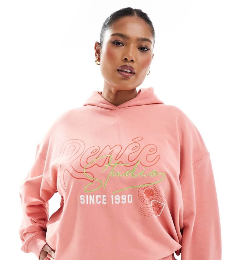 Renee Studio Plus exclusive embroidered logo graphic hoodie co-ord in peach-Orange