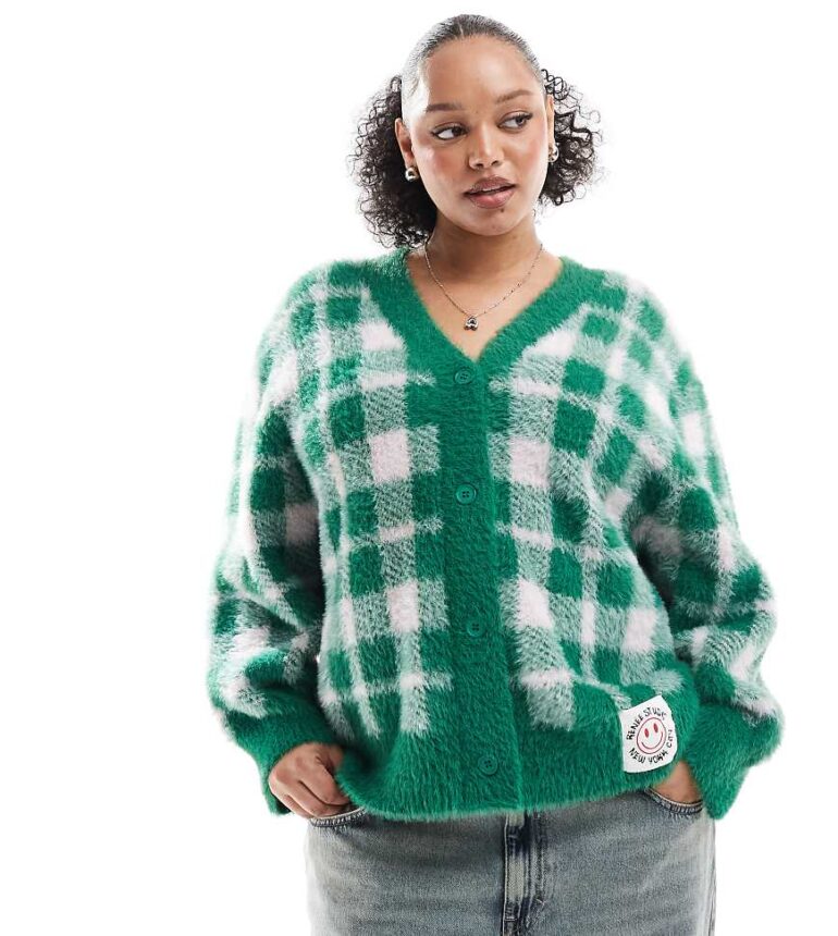 Renee Studio Plus exclusive fluffy button through logo patch cardigan in green check-Multi