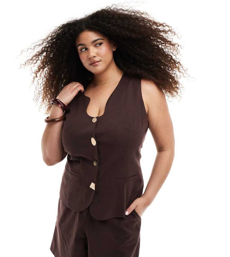 Renee Studio Plus exclusive linen blend tailored shorts co-ord in chocolate brown