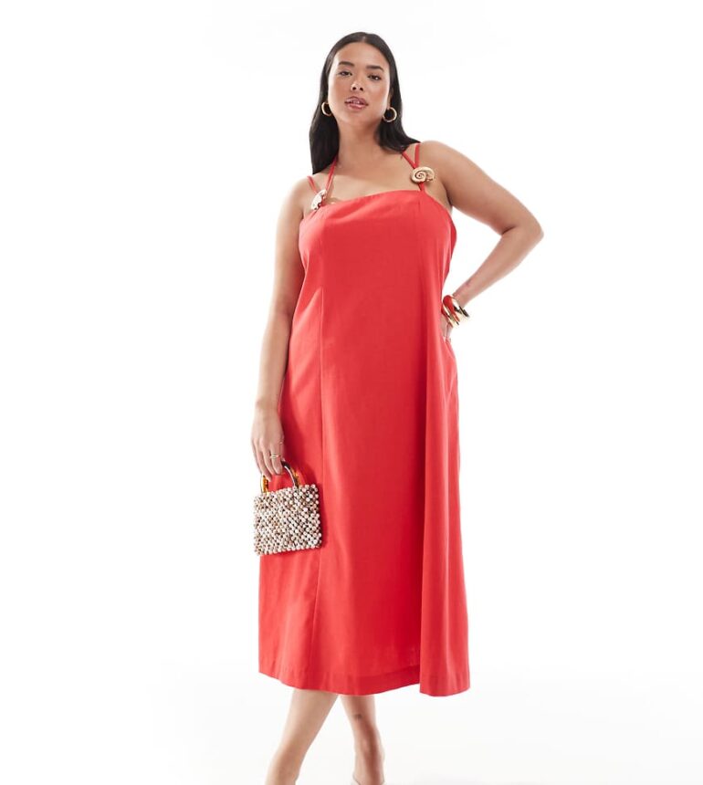 Renee Studio Plus exclusive linen look halterneck gold seashell hardware detail strappy midi dress in red