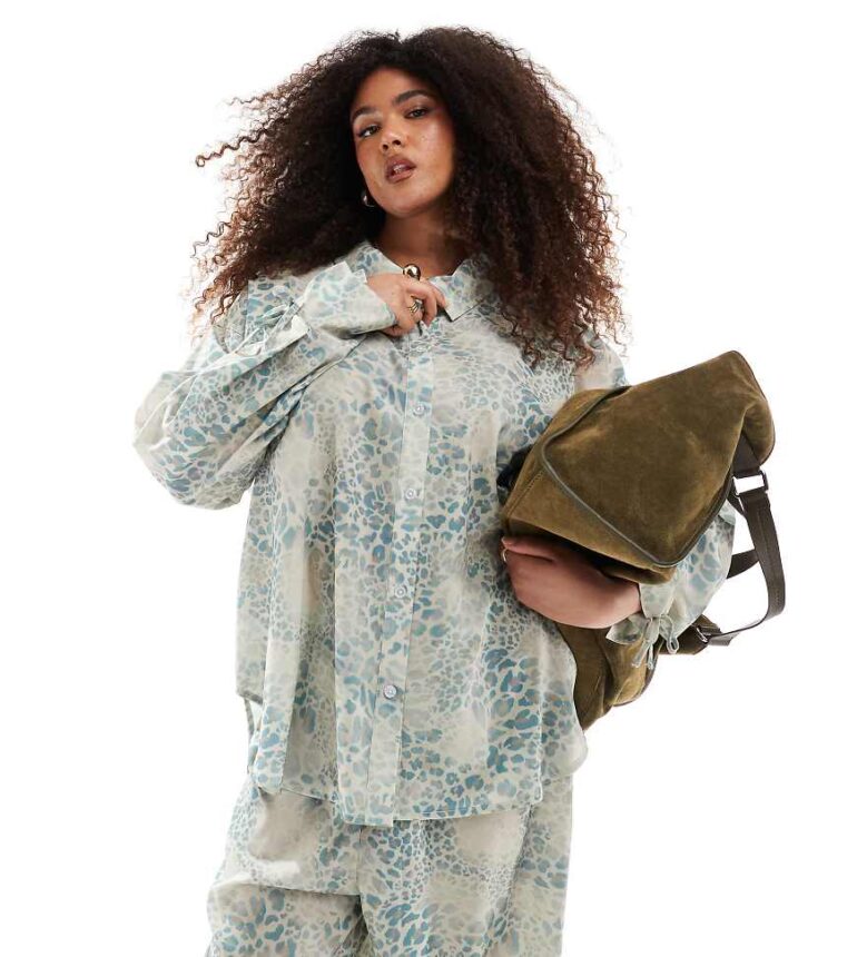Renee Studio Plus exclusive oversized satin tie sleeve shirt co-ord in animal print-Multi