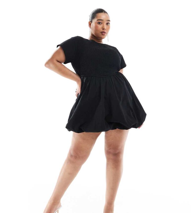 Renee Studio Plus exclusive short sleeve shirred poplin bubble hem mini dress in black